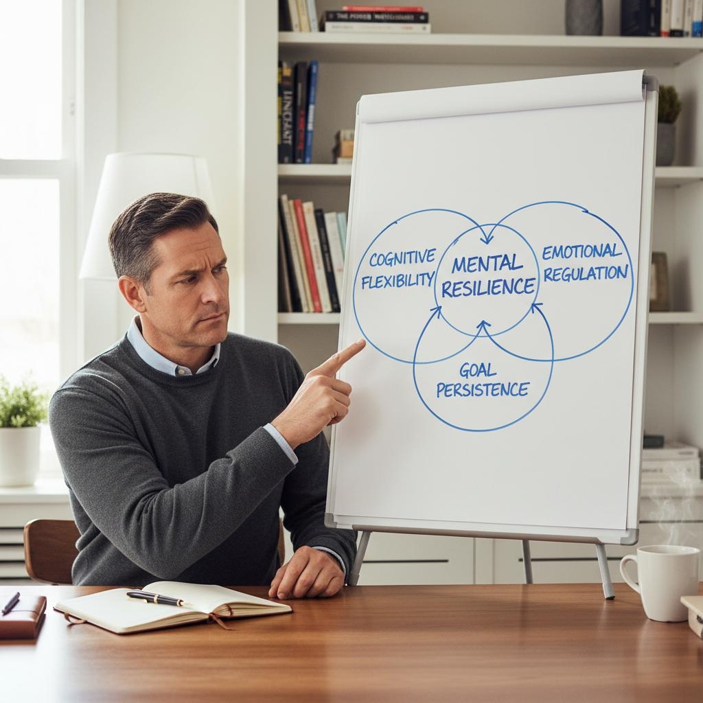 Man in his 40s demonstrating mental resilience through meditation and planning, with interconnected brain and strength symbols representing the connection between September fresh start psychology and mental toughness building