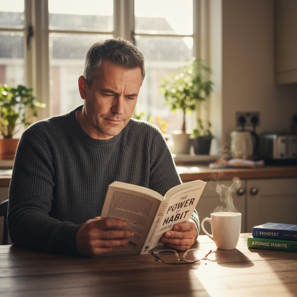 Thoughtful man in his 40s reflecting on life challenges while holding a book, representing the importance of mental resilience and personal growth