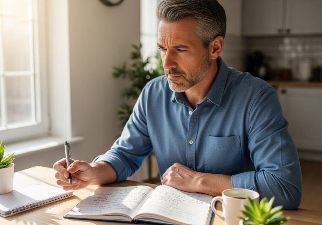 Focused man in his 40s in quiet home space practicing mindfulness and mental clarity exercises, representing overcoming mental blocks and decision fatigue after 40