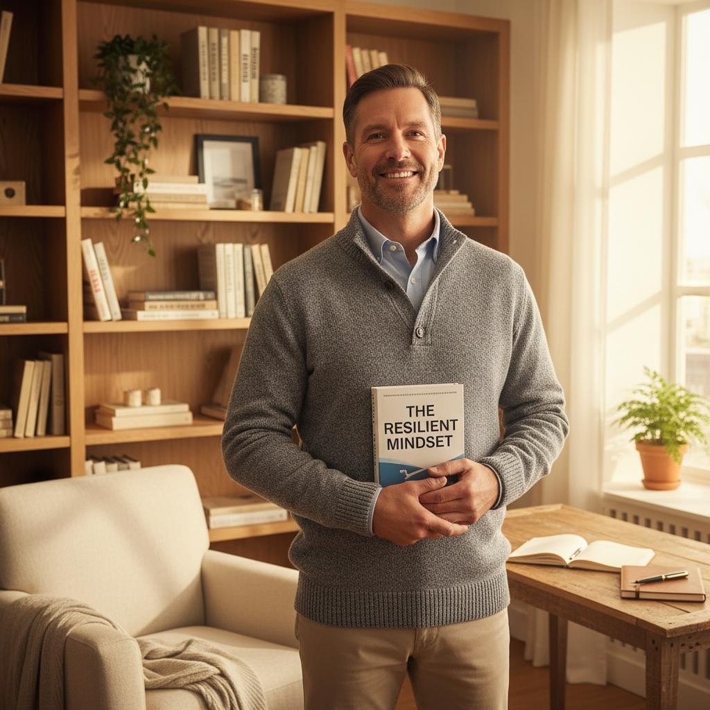 Determined man in his 40s ready to begin mental strength transformation journey with mindset books, representing the start of personal growth and resilience building