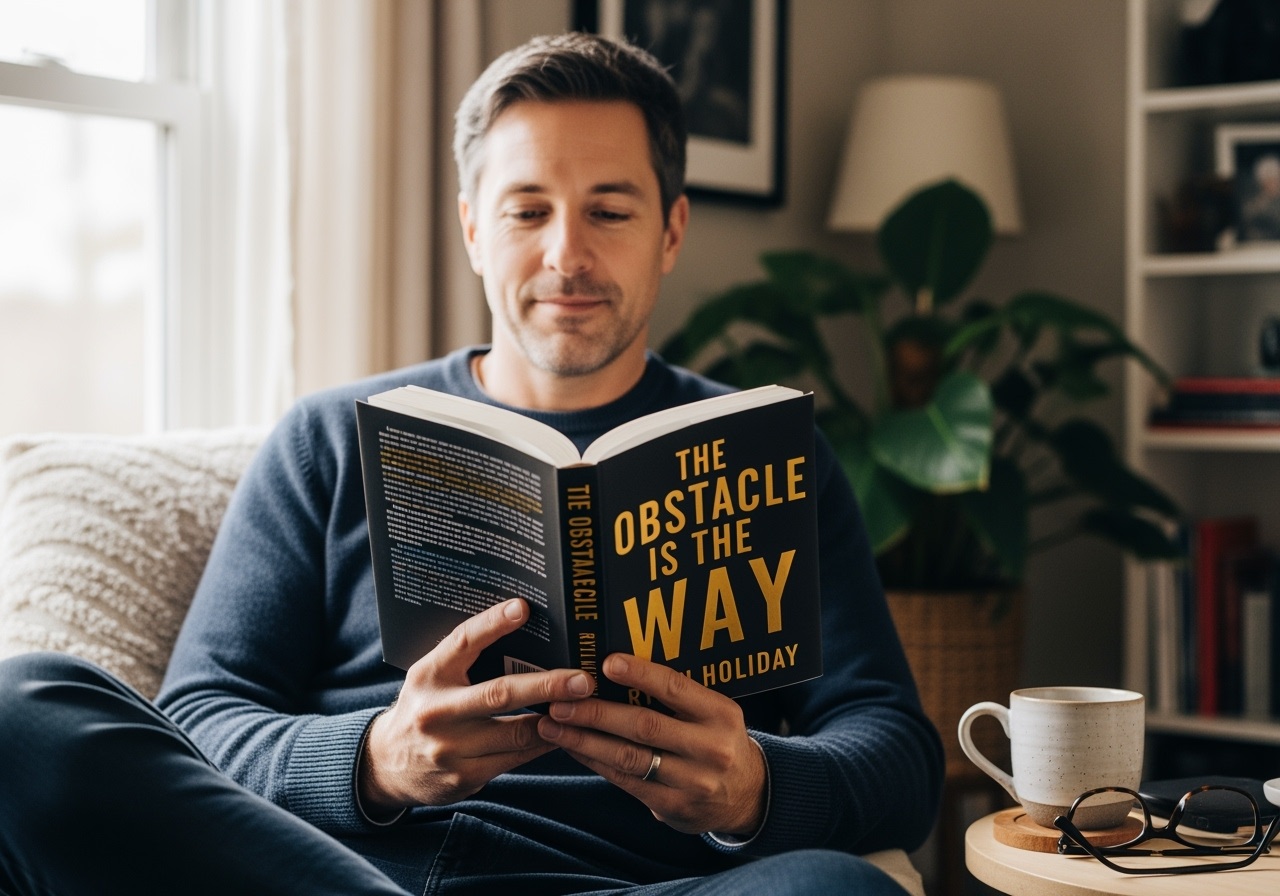 Middle-aged man in casual home setting reading The Obstacle Is the Way by Ryan Holiday, representing problem-solving and mental resilience for men over 40