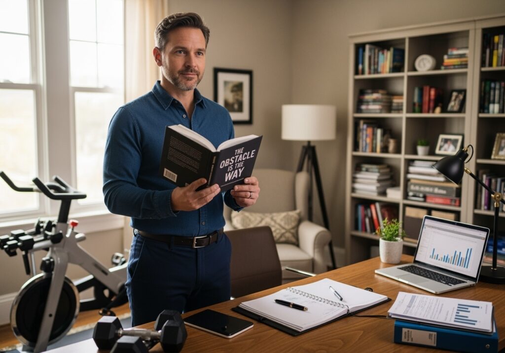 Confident man in his 40s walking forward on a path with obstacles transformed into stepping stones, representing the journey of turning challenges into opportunities using stoic principles