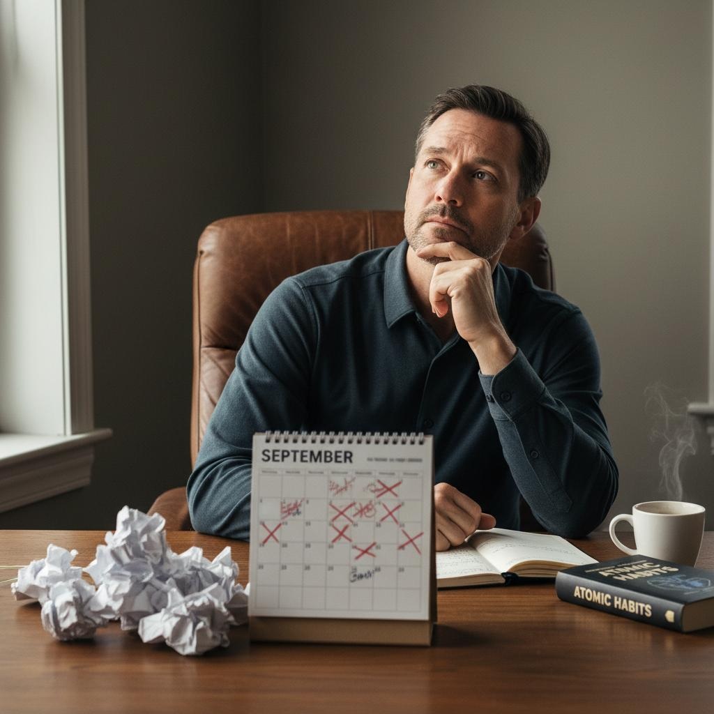 Man in his 40s overcoming obstacles and challenges while maintaining focus on his September reset goals, with visual elements representing persistence, problem-solving, and mental resilience during motivation dips