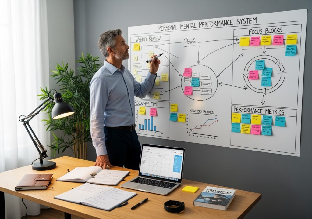 Professional man in his 40s creating systematic approach to mental performance with planning calendar, tracking sheets, and optimization tools on organized desk for cognitive enhancement