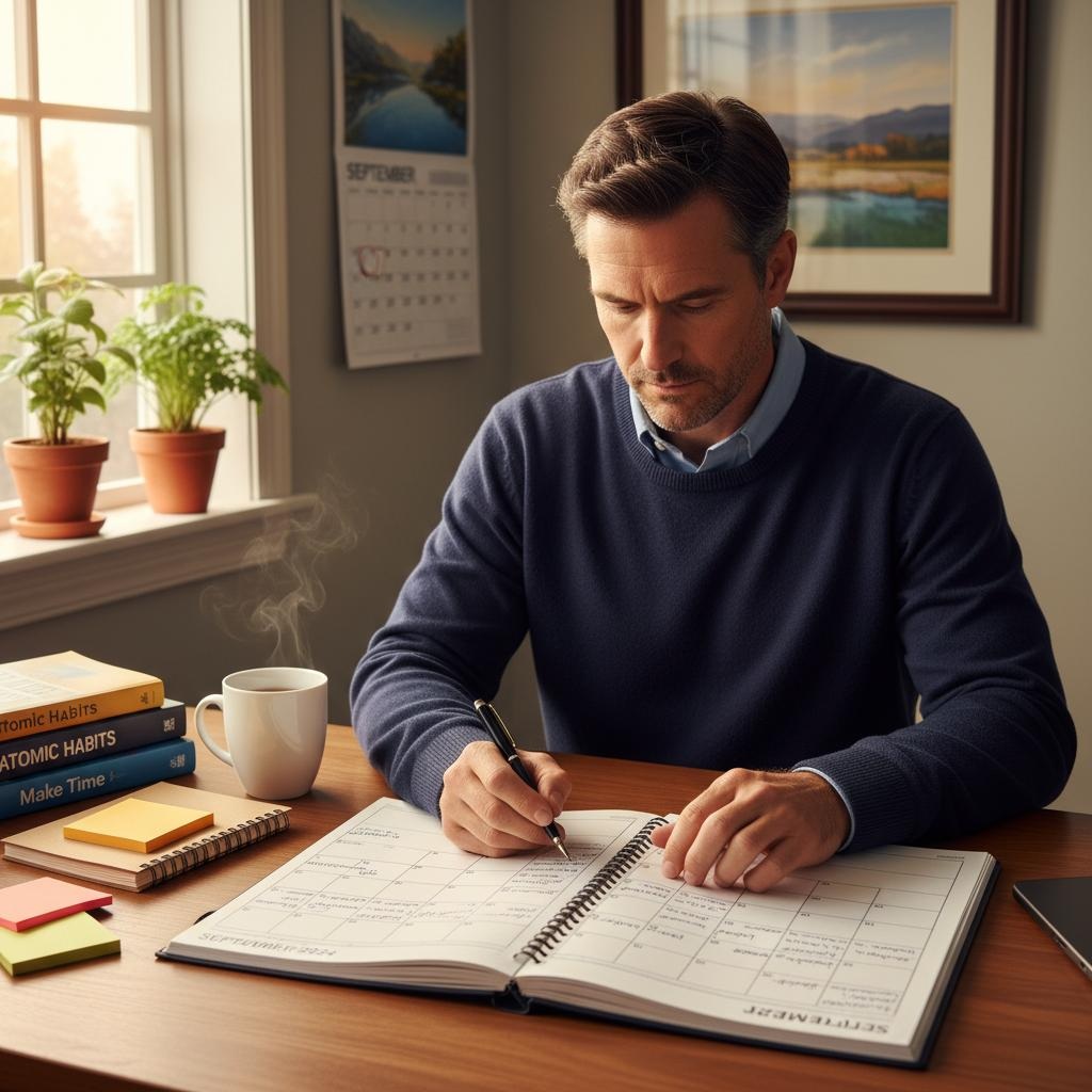 Man in his 40s creating a structured September reset plan with weekly calendar, journal, and productivity tools, demonstrating practical strategies for adult back-to-school mindset and mental resilience building