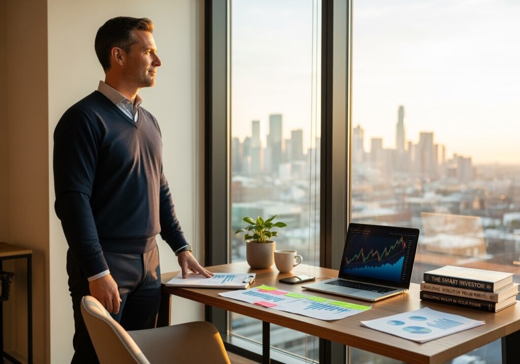 Confident businessman in his 40s analyzing financial growth charts and investment data, symbolizing the prime opportunity for advanced wealth building in middle age