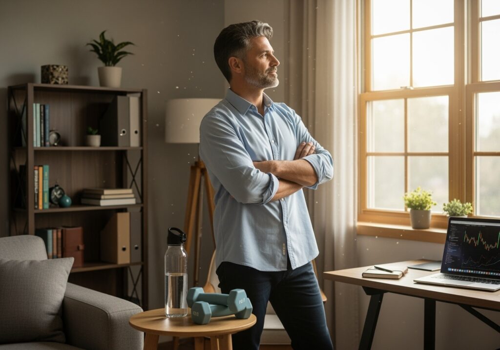 Confident man in his 40s standing in organized home office with visible progress charts and completed projects, representing successful implementation of problem-solving strategies after 40
