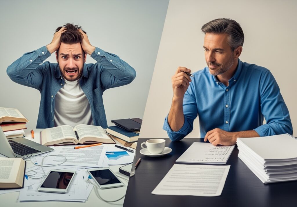 Thoughtful man in his 40s sitting at kitchen table with coffee and papers, contemplating life decisions, representing the complexity and wisdom of problem-solving after 40