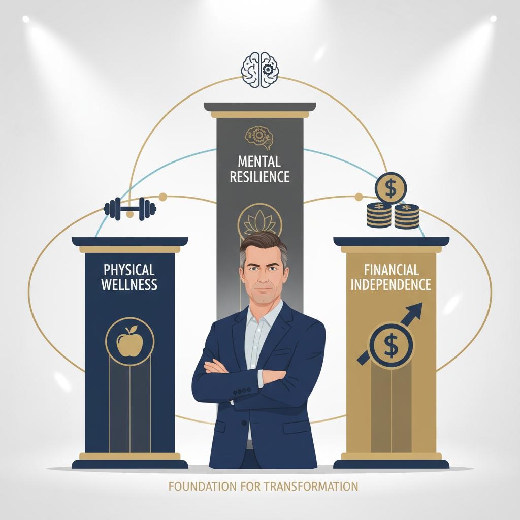 Man over 40 thoughtfully selecting transformation tools representing physical wellness, mental resilience, and financial independence - the triangle of well-being concept