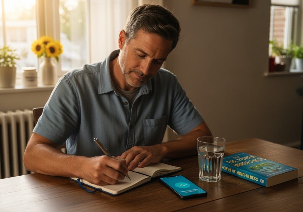 Man in his 40s practicing mental wellness strategies at home, showing determination and focus while implementing coping techniques for August blues