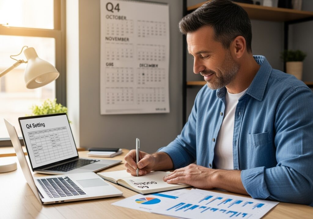 Man in his 40s creating Q4 financial plan with calendar, budget sheets, and investment documents for year-end success strategies
