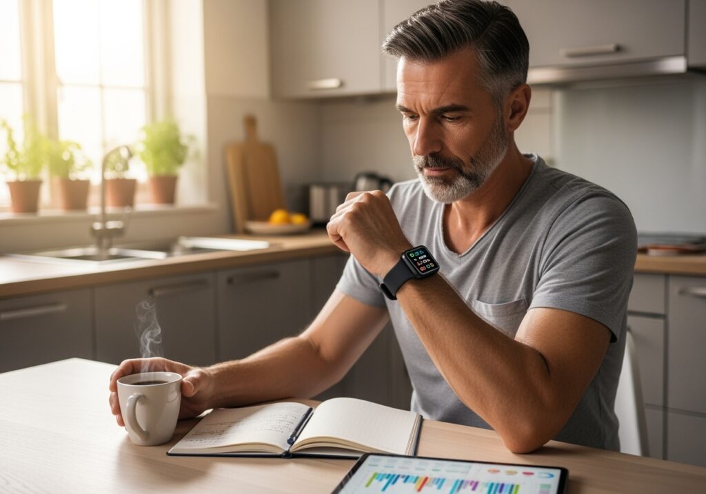 Split screen comparison showing younger athlete versus mature athlete over 40 demonstrating biological differences in recovery and training approach