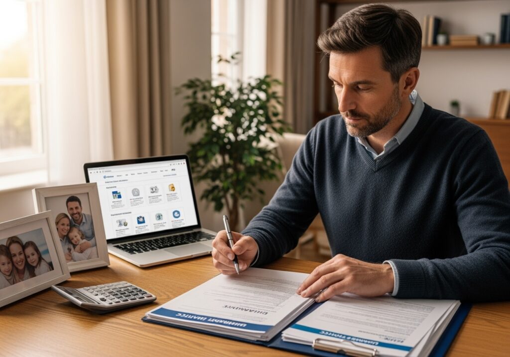 Professional man in his 40s reviewing insurance documents and risk assessment materials at home office, representing comprehensive risk management and insurance planning strategies