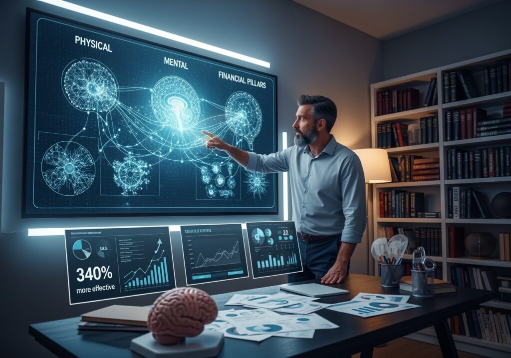 Scientific visualization showing brain neural networks and interconnected systems representing the psychology behind integrated life pillar mastery