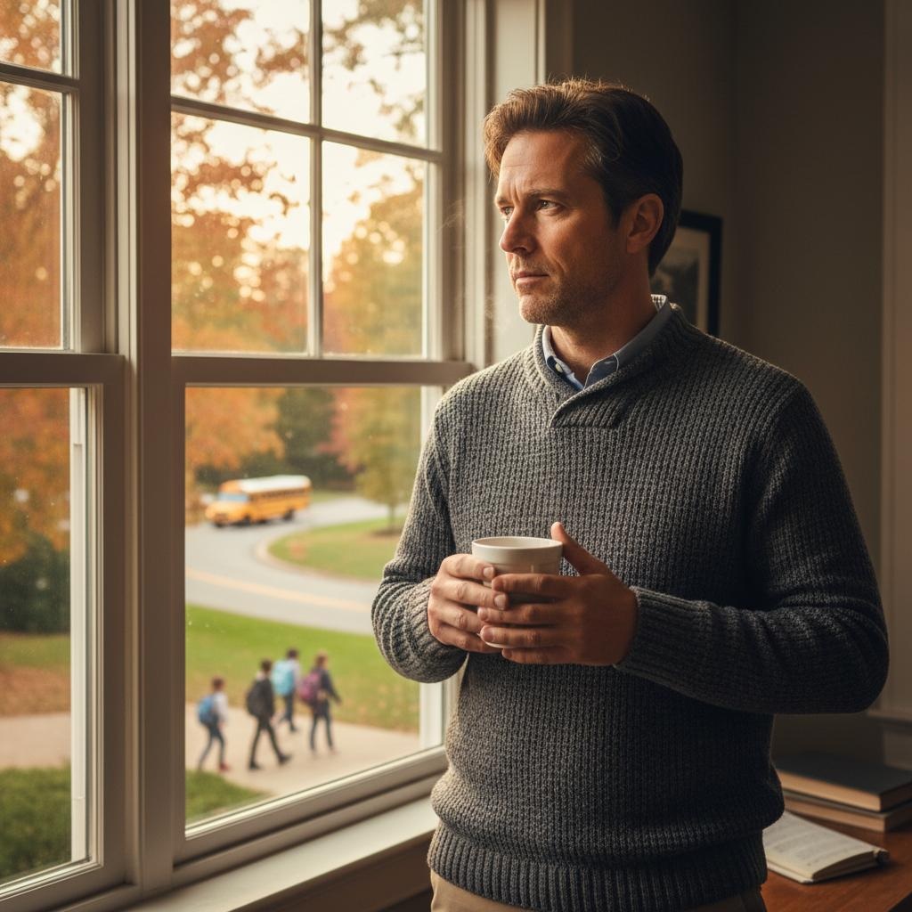 Professional man in his 40s looking thoughtfully at autumn calendar and brain diagram, illustrating the psychological science behind September fresh start effect and seasonal motivation