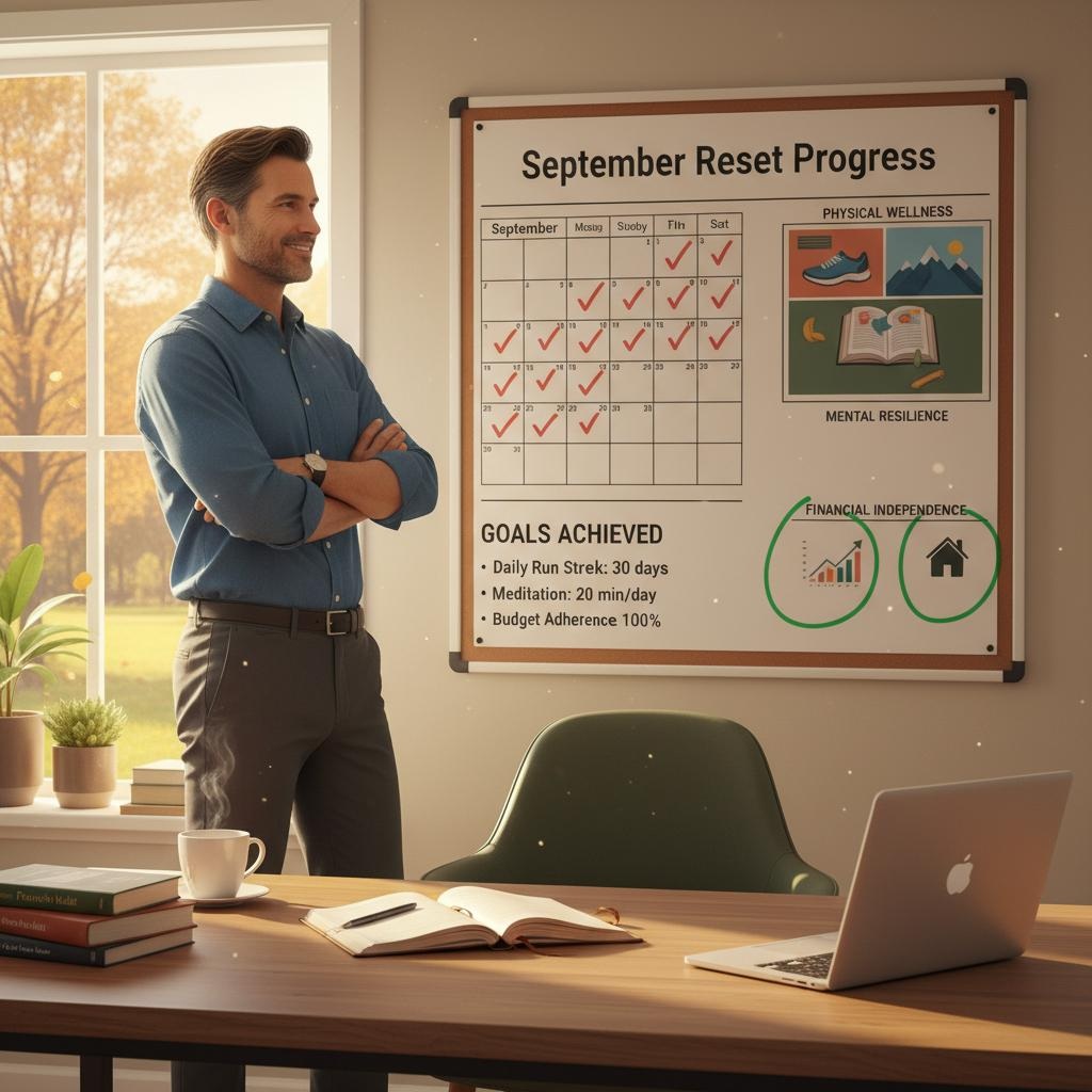Confident man in his 40s standing at the intersection of physical wellness, mental resilience, and financial independence paths, with autumn scenery representing successful September reset transformation and fresh start psychology