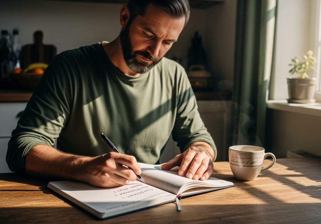 Man in his 40s at kitchen table writing in habit tracker journal with coffee, showing the simple morning routine setup for successful habit tracking