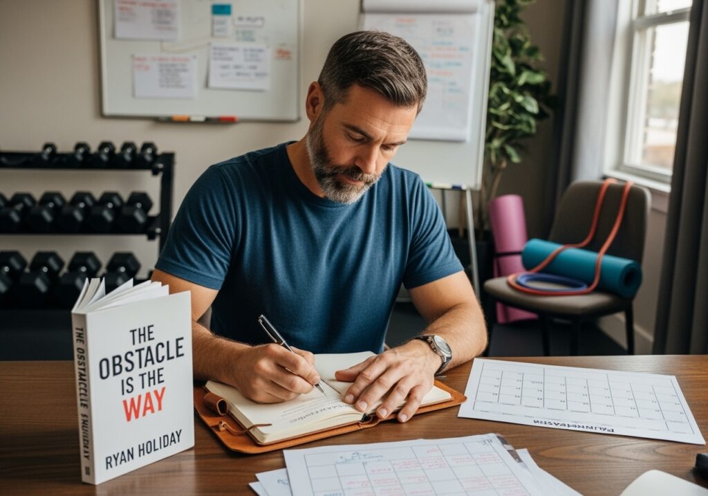 Professional man in his 40s applying stoic problem-solving strategies at desk, representing practical implementation of ancient philosophy for modern challenges