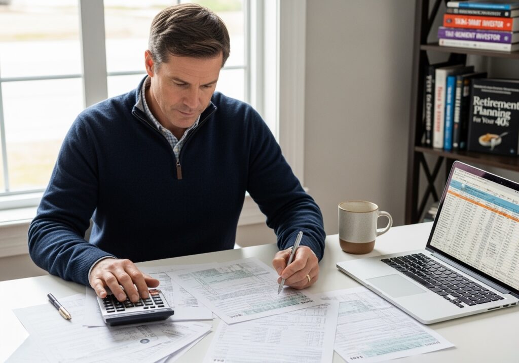 Professional man in his 40s working with tax documents and retirement planning materials at home office, representing tax-advantaged wealth building strategies