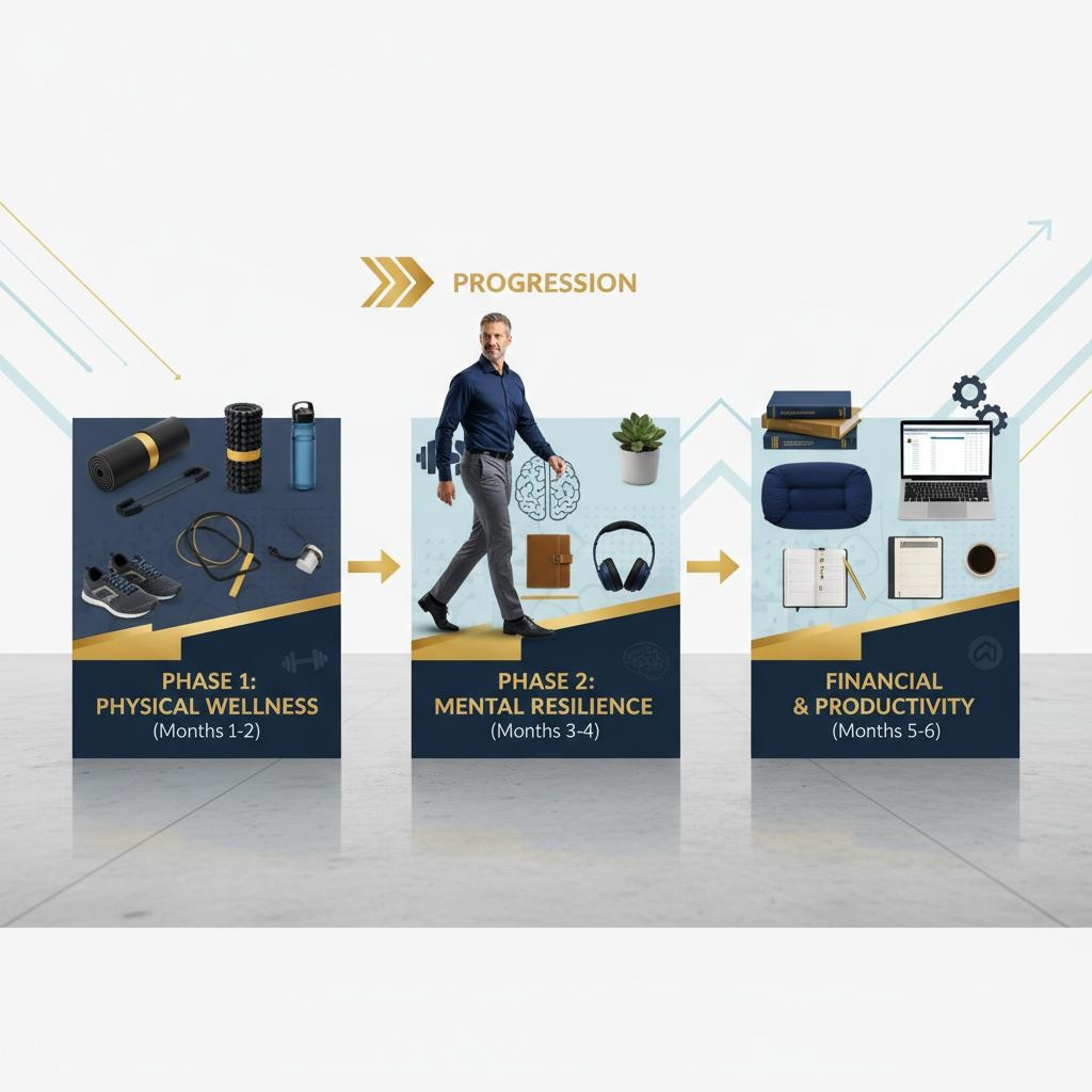 Man over 40 organizing transformation plan with three phases - physical wellness, mental resilience, and financial independence products arranged in timeline sequence