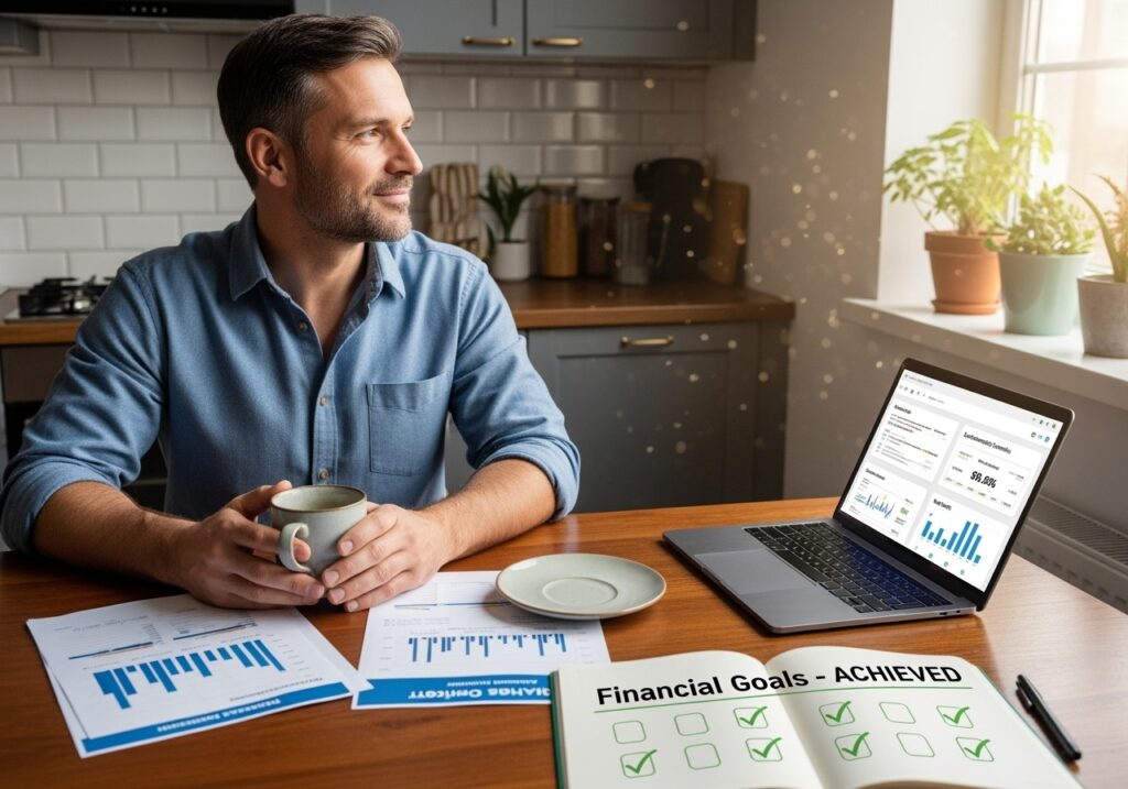 Successful man in his 40s celebrating financial milestone with laptop showing investment growth, surrounded by symbols of wealth building habits and financial independence achievement