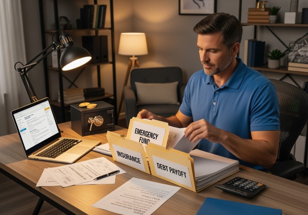 Man in his 40s organizing financial documents and reviewing emergency fund statements, representing smart money management and wealth protection strategies