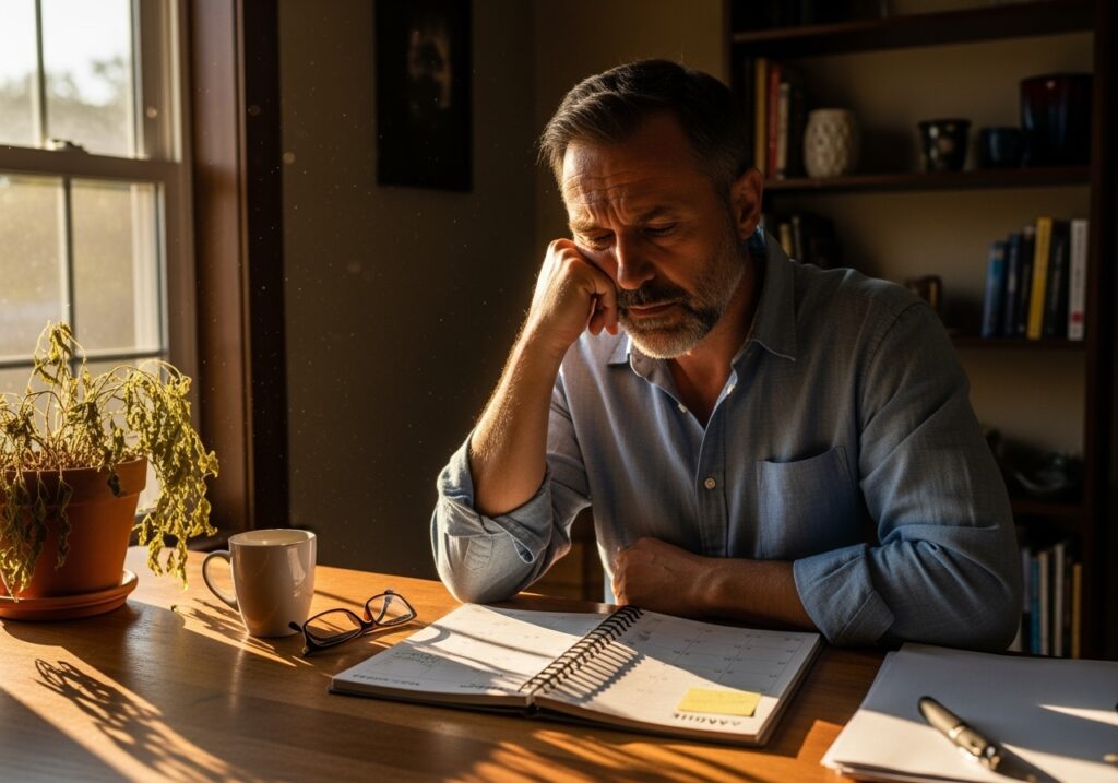Middle-aged man looking contemplative and slightly melancholy during late summer, illustrating the emotional challenges of August blues and seasonal mood changes