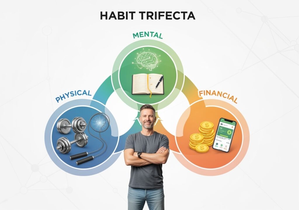 Visual diagram showing the three interconnected pillars of the habit trifecta - physical wellness, mental resilience, and financial independence - with a man in his 40s representing the integrated approach
