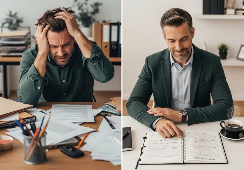 Professional man in his 40s looking contemplative while holding a habit tracker journal, representing the mental barriers men face with habit tracking