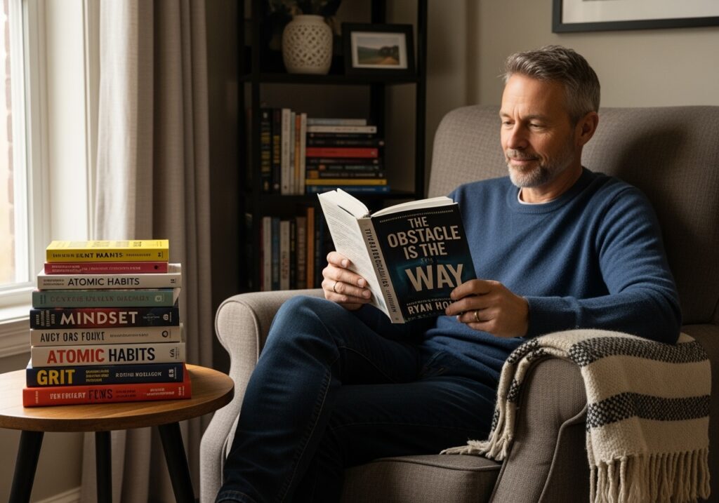 Man in his 40s comparing different personal development books including The Obstacle Is the Way, representing the choice between trendy self-help and timeless stoic principles