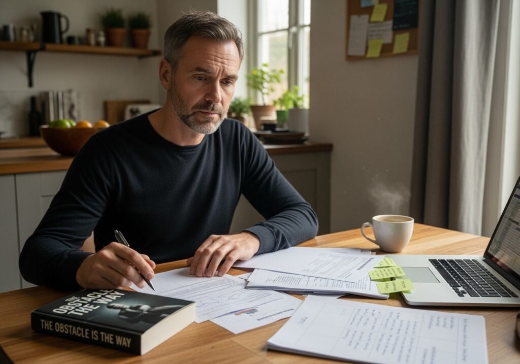 Thoughtful man in his 40s contemplating challenges while holding The Obstacle Is the Way book, representing the relevance of stoic philosophy for middle-aged men facing life transitions
