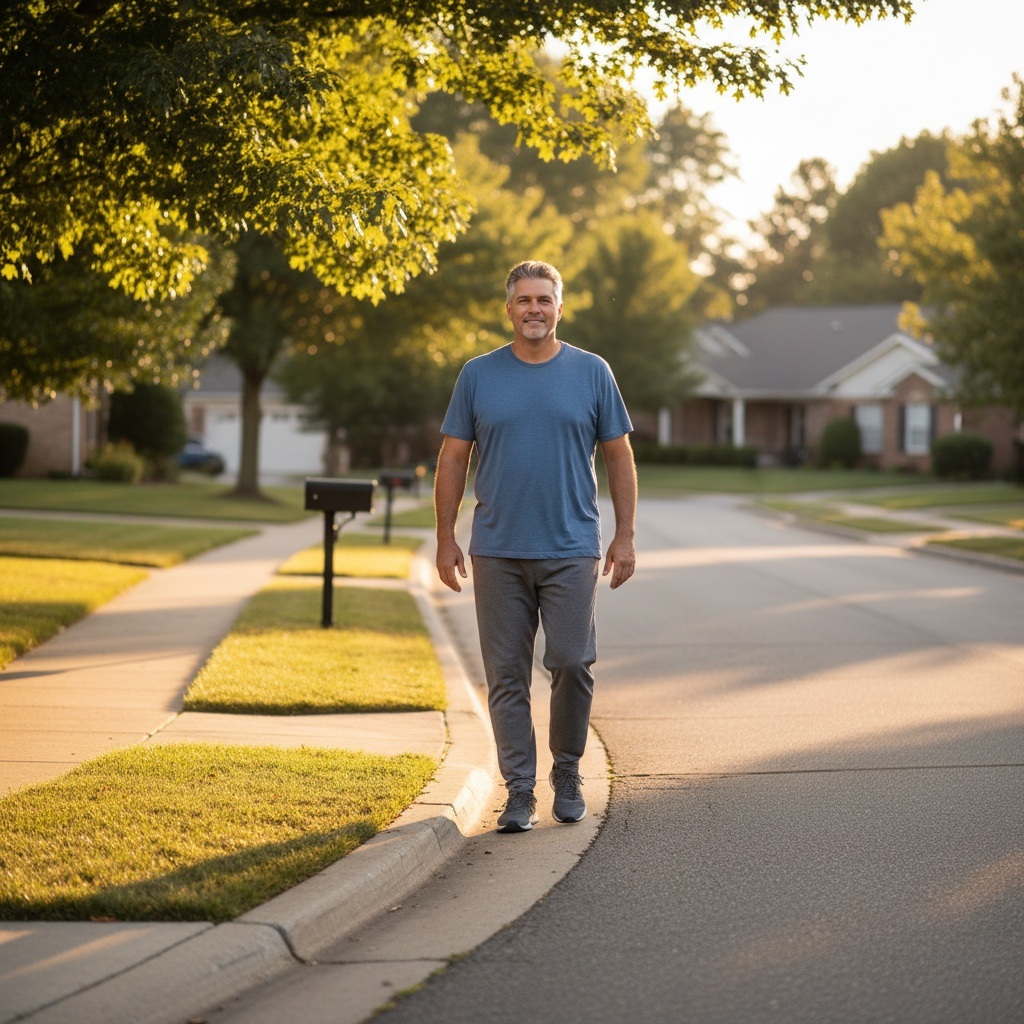 Man in his 40s wearing comfortable athletic wear standing on residential sidewalk ready to start walking for fitness after years of inactivity