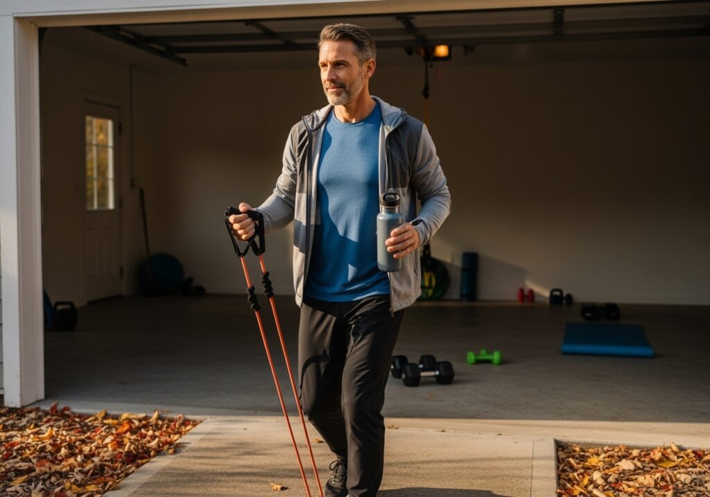Man in his 40s adapting fitness routine for fall with layered clothing and indoor-outdoor equipment options