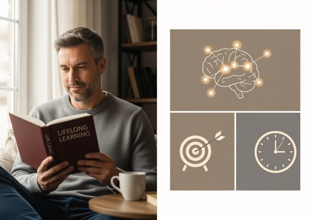 Mature man in his 40s reading a book in comfortable home setting with coffee, showing the focused and experienced approach to adult learning