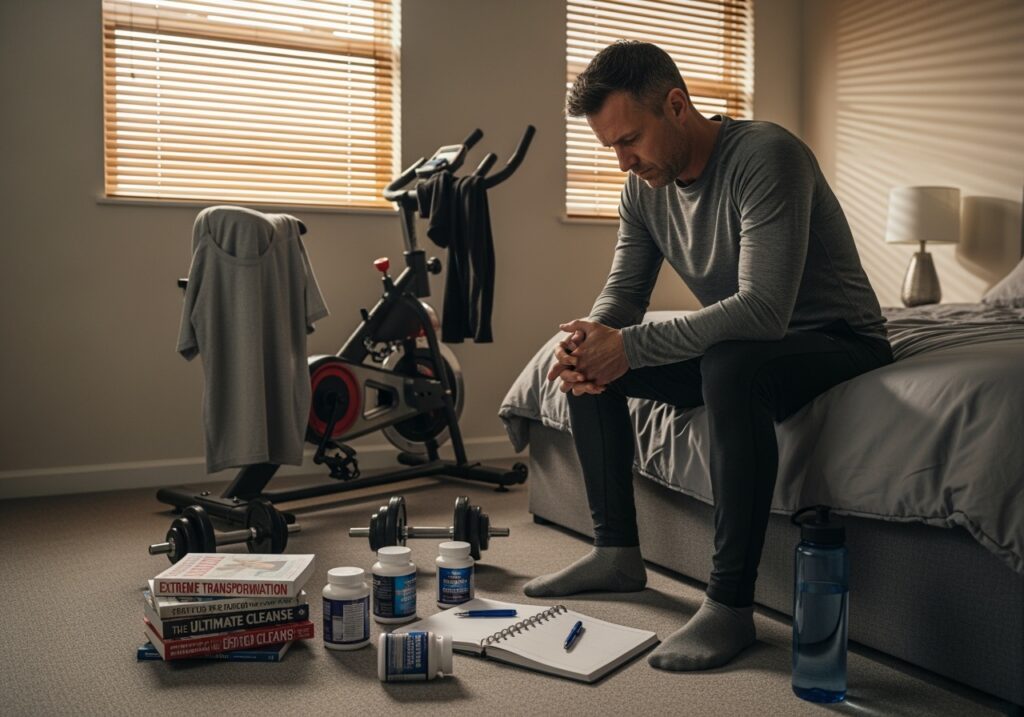 Frustrated man in 40s surrounded by abandoned New Year's resolutions showing why big gestures fail and motivation is unsustainable