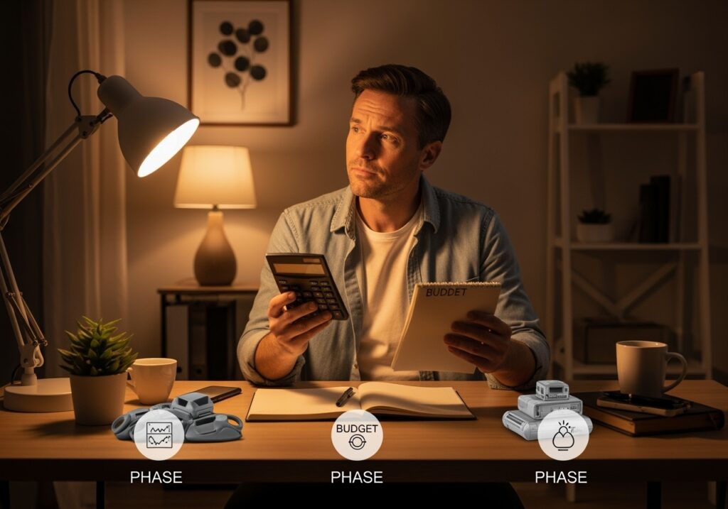 Man in his 40s planning home office upgrades with three budget phases displayed showing strategic approach to workspace improvements from $100 to $600+ investments