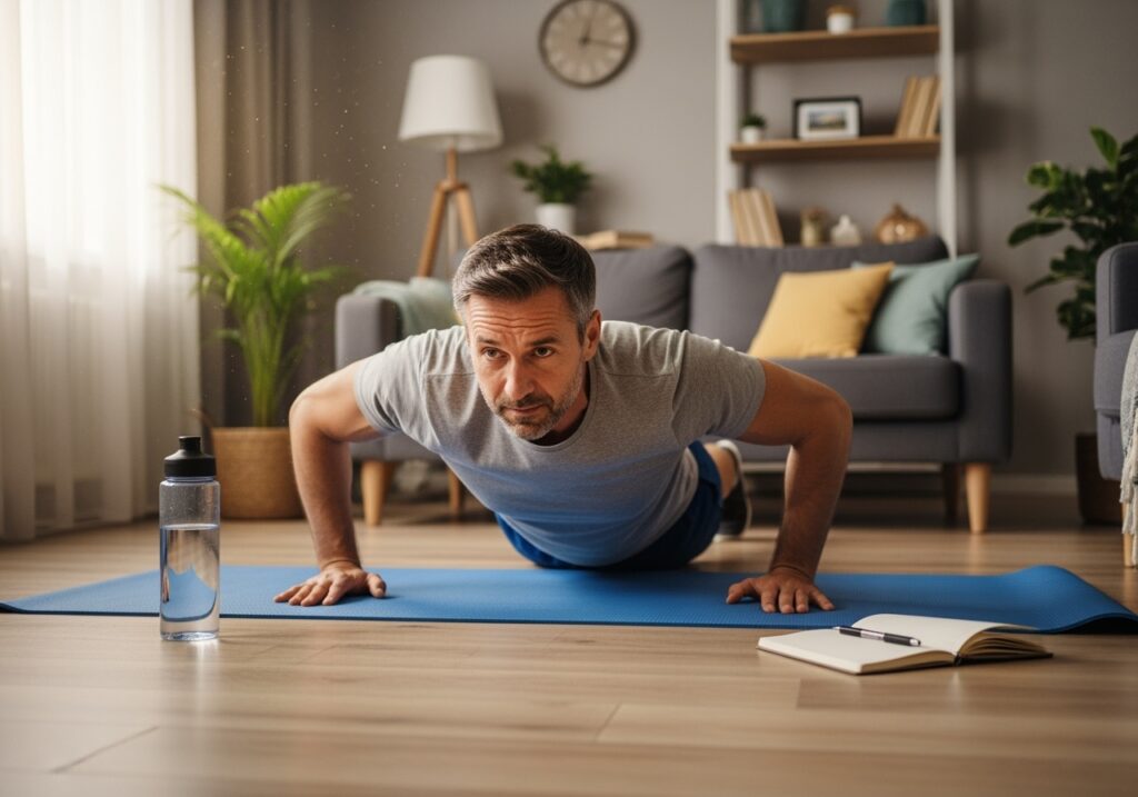 Man in his 40s building mental resilience through simple home exercise showing determination and focus