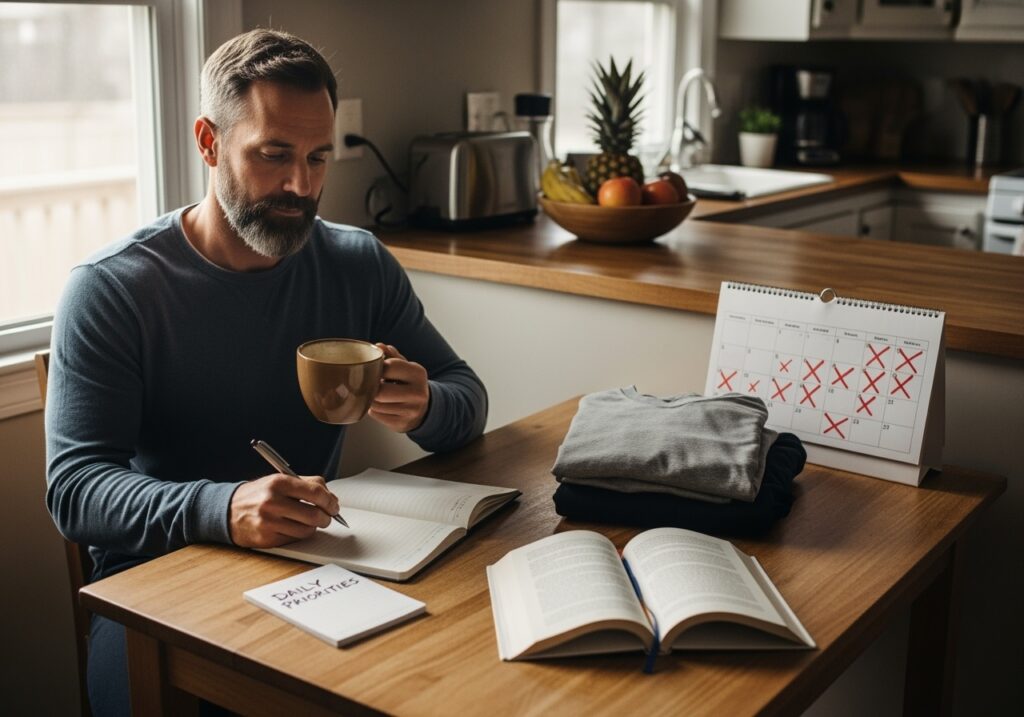 Man in 40s building personal consistency system with morning planning routine, habit tracker, and organized environment for sustainable daily habits