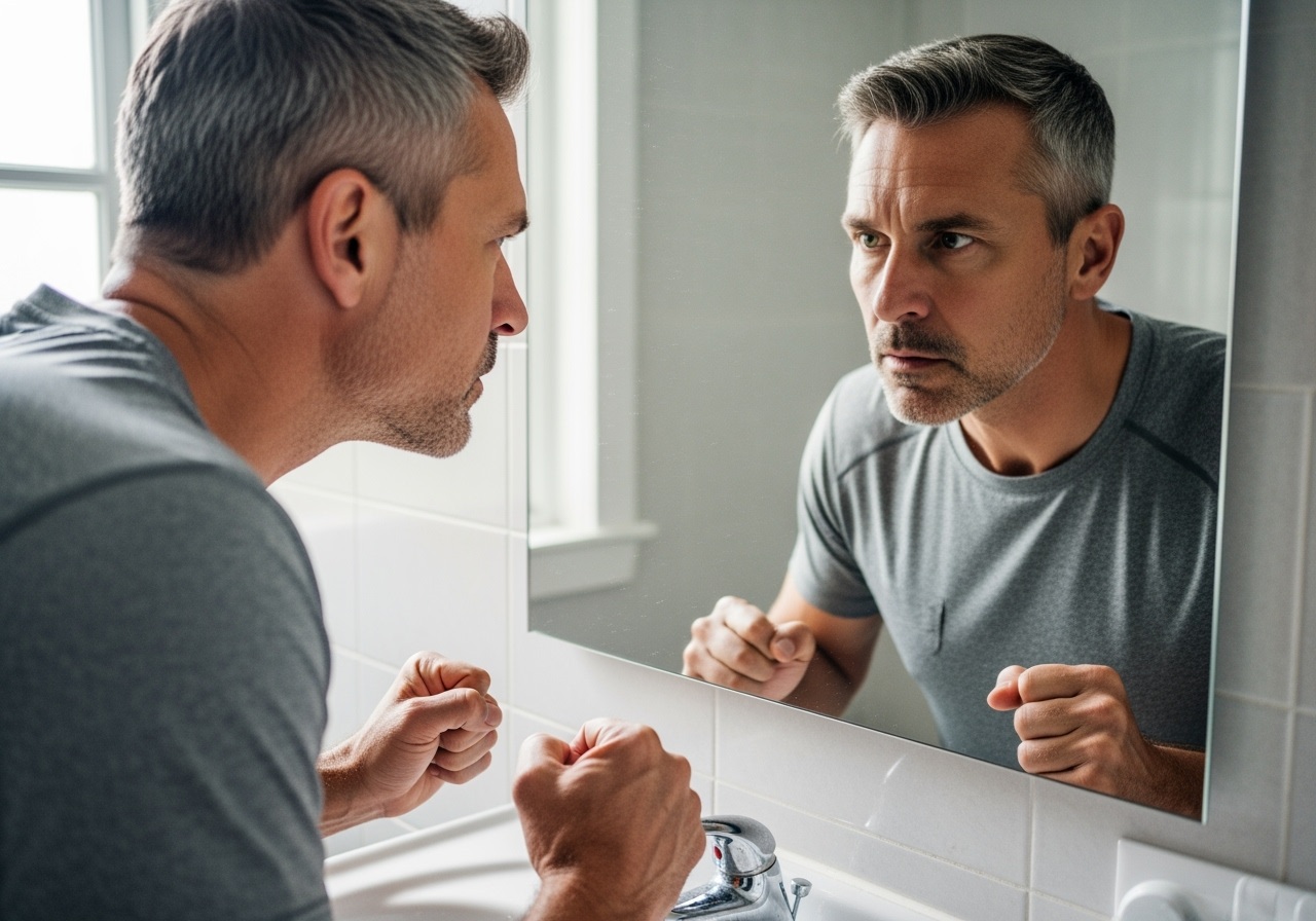 Man in his 40s practicing David Goggins accountability mirror technique for overcoming mental barriers and building mental resilience