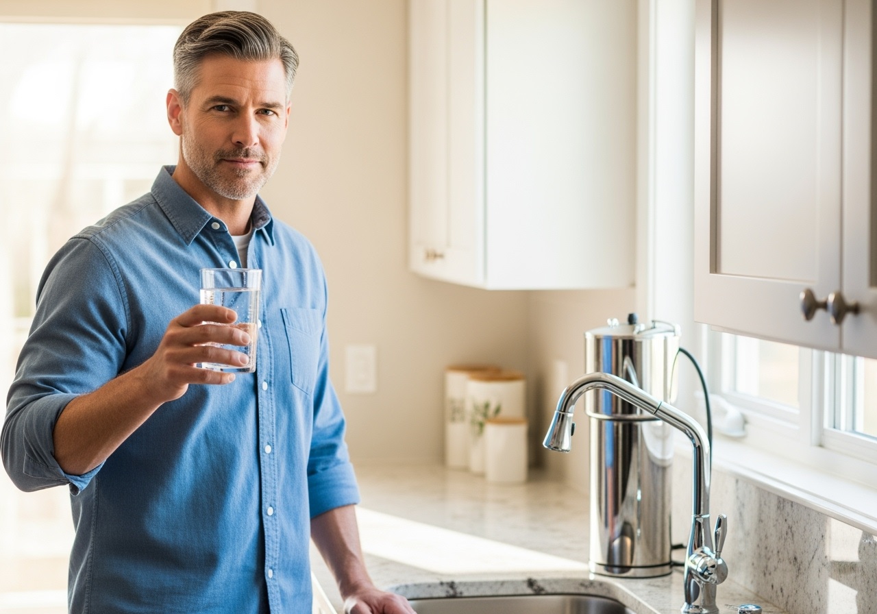 Confident man in his 40s holding glass of clean filtered water in modern kitchen with under sink water filter system