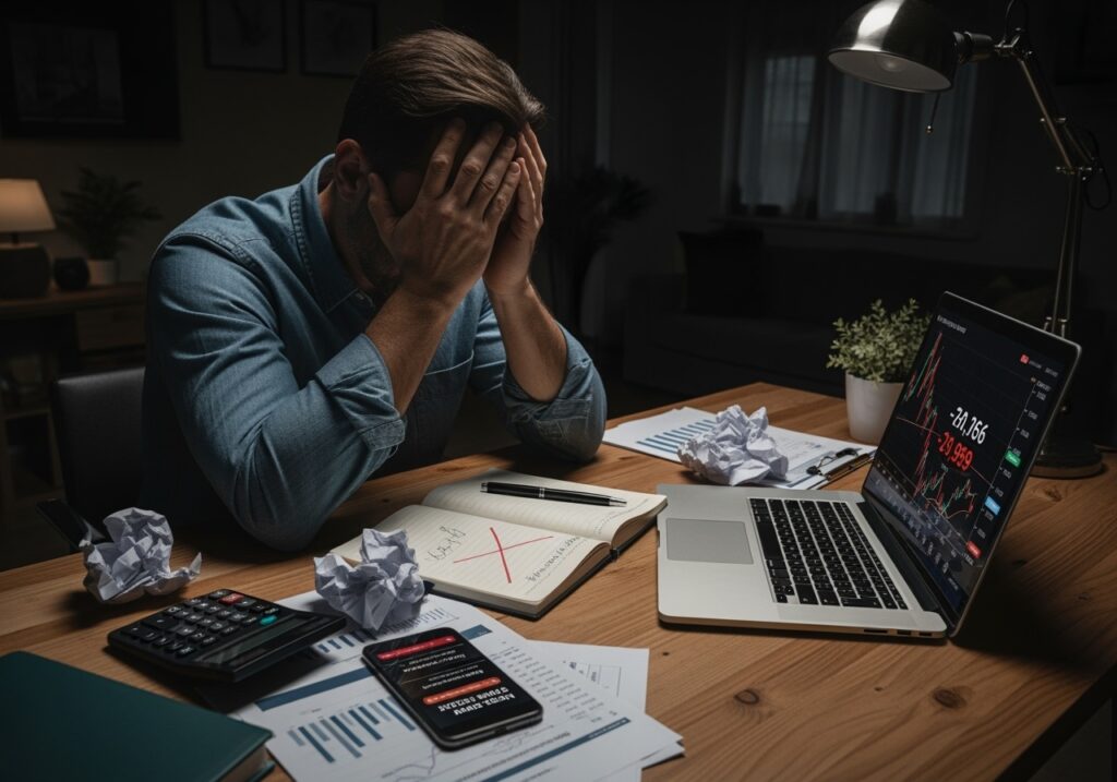 Man in his 40s looking frustrated at declining investment charts on laptop screen showing common investment mistakes and portfolio losses
