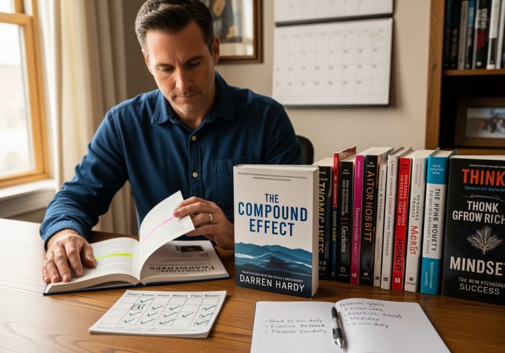 Man in his 40s comparing different personal development approaches, showing The Compound Effect book alongside realistic timeline charts and sustainable habit formation strategies
