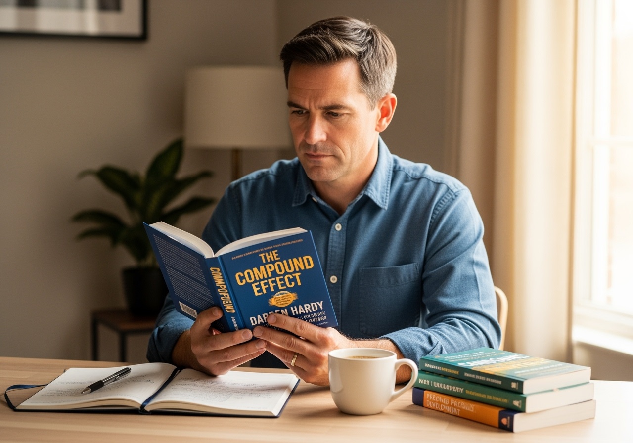 Man in his 40s reading The Compound Effect book by Darren Hardy with small daily habit symbols representing long-term success and personal transformation