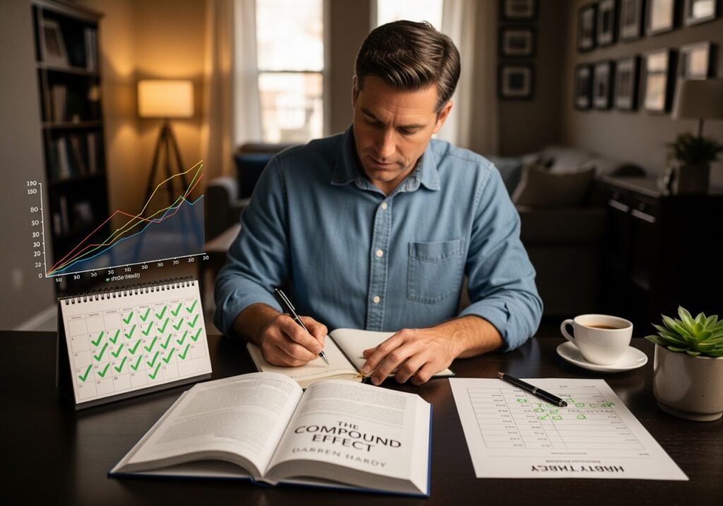 Man in his 40s practicing daily discipline with morning routine, habit tracking journal, and small consistent actions representing compound effect principles