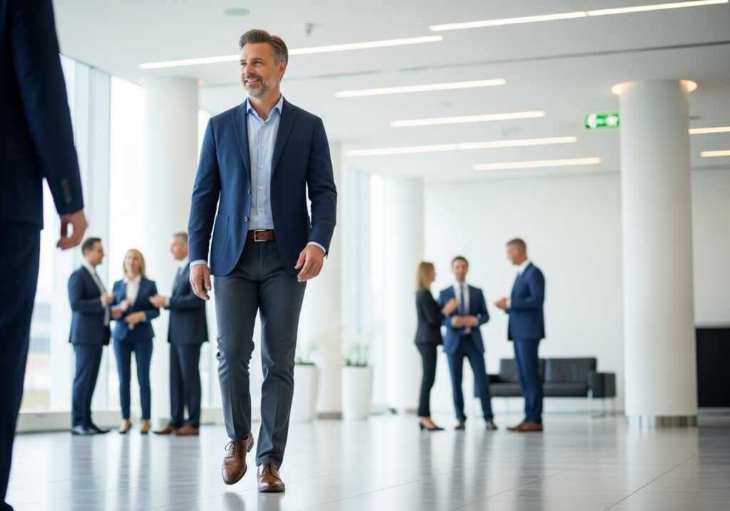 Confident man in his 40s walking into professional meeting wearing well-fitted fall outfit, demonstrating how proper clothing enhances confidence and presence