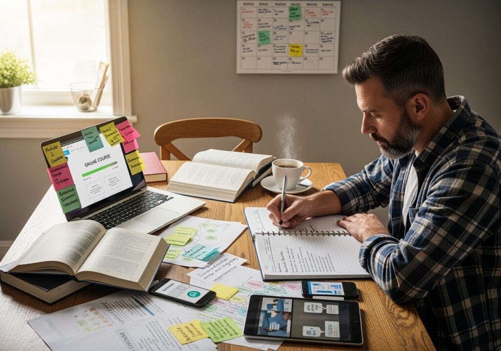 Man in his 40s at organized home workspace planning his learning curriculum with notebooks, calendar, goal-setting materials, and structured learning resources spread across desk
