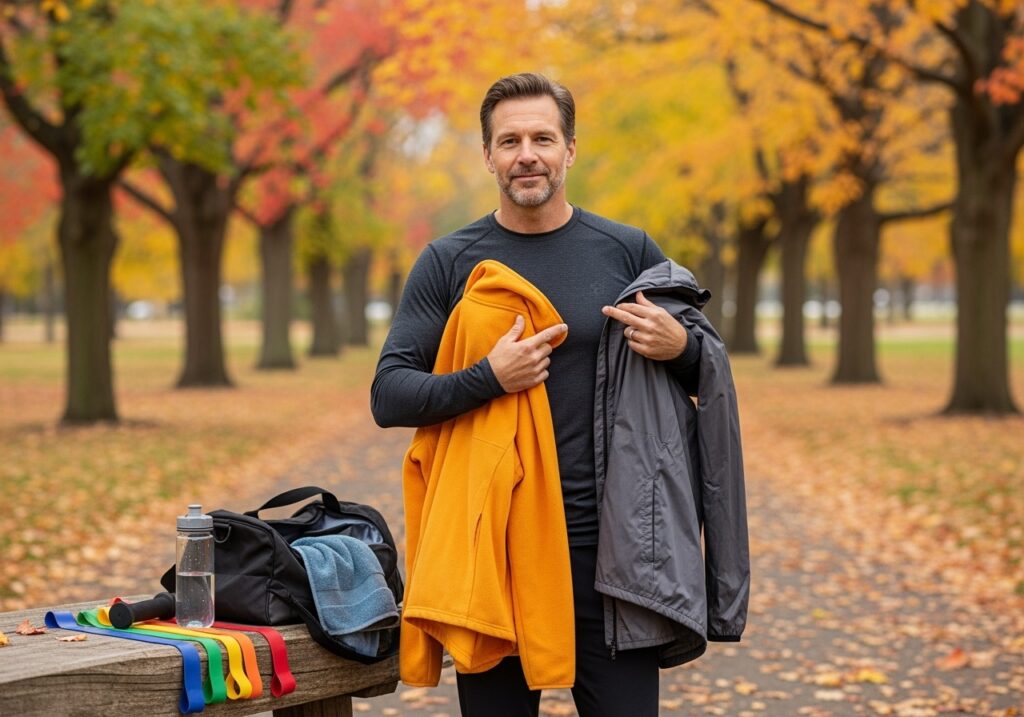 Man over 40 demonstrating essential fall fitness strategies with proper layering gear and outdoor workout equipment in autumn setting