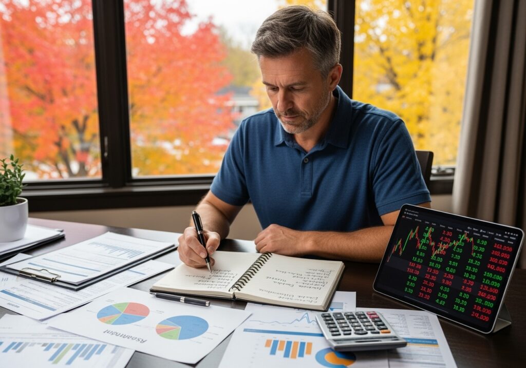 Man in his 40s reviewing portfolio allocation documents and investment charts at home office desk for fall rebalancing strategy