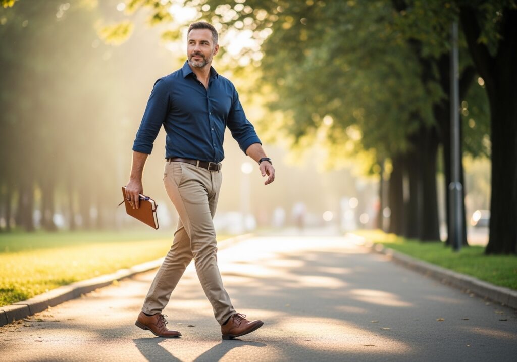 Determined man in his 40s taking first step forward on path while holding planner, showing the transition from reading to implementing systems