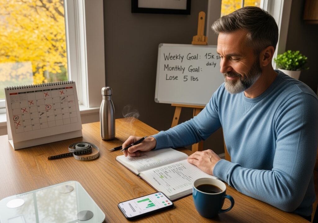 Man in his 40s reviewing fitness progress with journal, smartphone app, and tracking tools showing systematic accountability approach